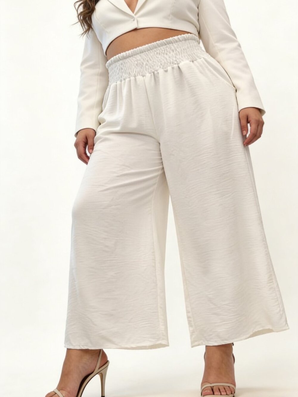Italian Smocked Wide-Leg Palazzo Pants in White Plus Size